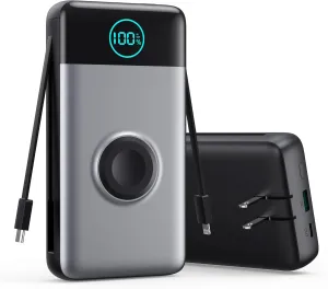 Portable Charger 40800mAh Power Bank with Built-in Cables,Wall Plug and iWatch Charger,6-IN-1 QC4.0 25W PD USB C Fast Phone Charging,LCD Display Battery Pack for iPhone 16/15/14,Apple Watch,Galaxy etc
