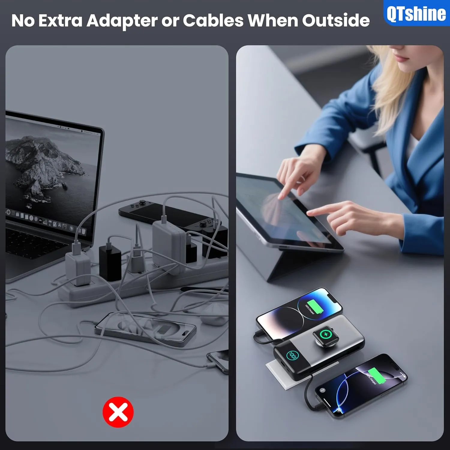 Portable Charger 40800mAh Power Bank with Built-in Cables,Wall Plug and iWatch Charger,6-IN-1 QC4.0 25W PD USB C Fast Phone Charging,LCD Display Battery Pack for iPhone 16/15/14,Apple Watch,Galaxy etc