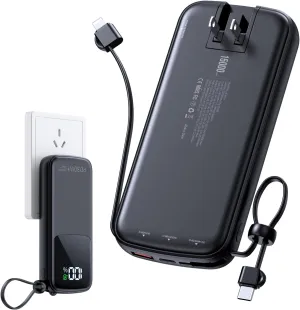 Portable-Charger-Power-Bank - 15000mAh Power Bank Supports PD 30W Fast Charging Built-in AC Wall Plug and 2 Output Cables with LED Display for iPhone iPad and Most Electronic Devices(Black)
