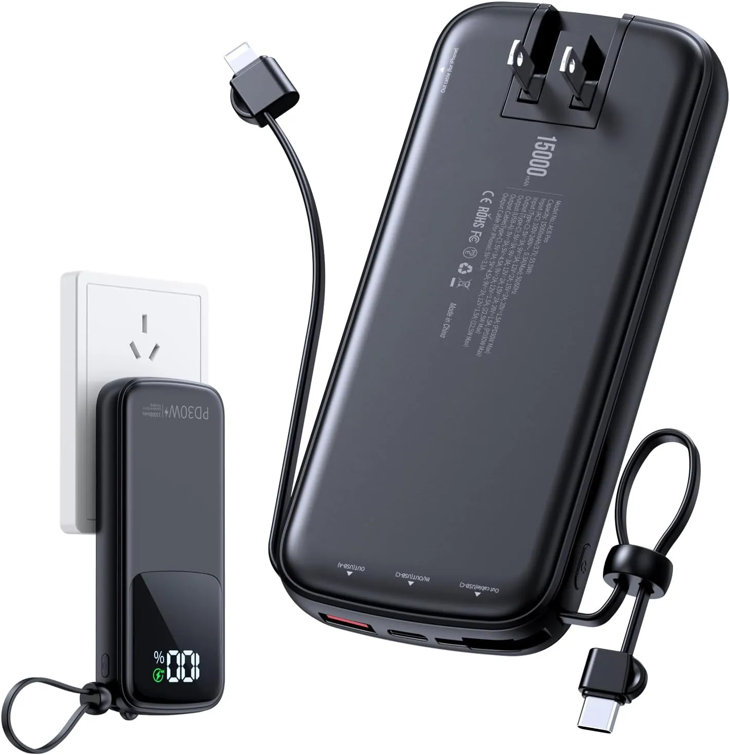 Portable-Charger-Power-Bank - 15000mAh Power Bank Supports PD 30W Fast Charging Built-in AC Wall Plug and 2 Output Cables with LED Display for iPhone iPad and Most Electronic Devices(Black)