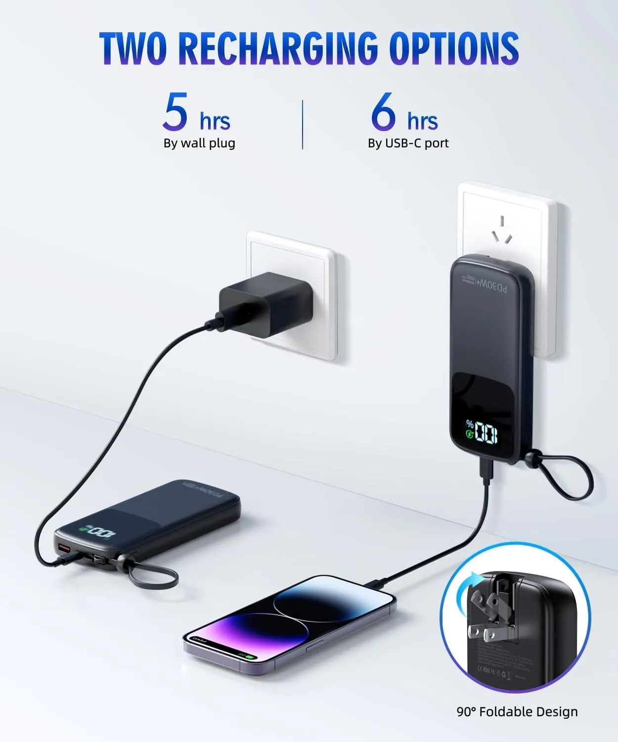 Portable-Charger-Power-Bank - 15000mAh Power Bank Supports PD 30W Fast Charging Built-in AC Wall Plug and 2 Output Cables with LED Display for iPhone iPad and Most Electronic Devices(Black)
