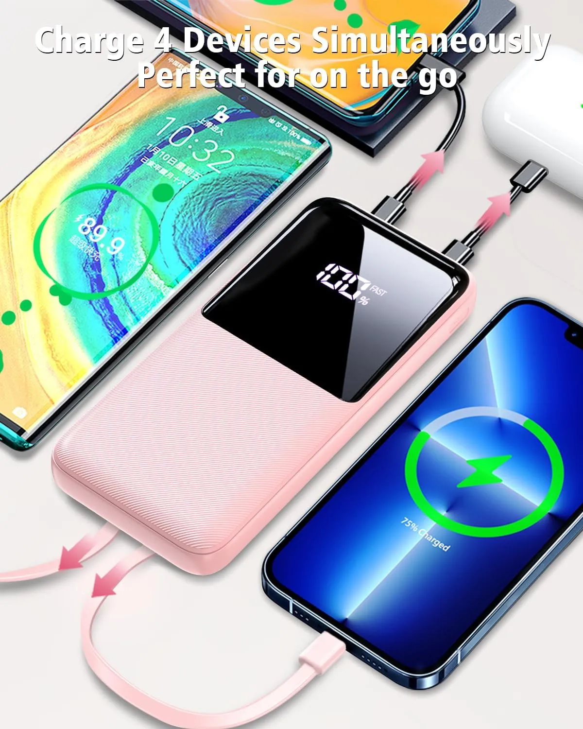 Portable Charger Power Bank - 20000mAh Fast Charging Portable Battery Pack with Built in USB-C(22.5W) and iOS(20W) Output Cables (1 Pack, Pink)