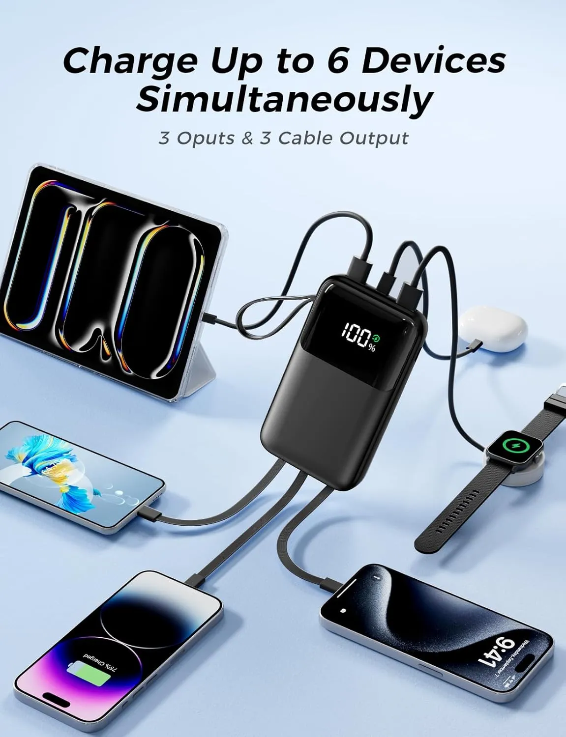 Portable Charger with Built in Cable, 15000mAh Power Bank, 22.5W Fast Charging, 6 Outputs, Slim Travel Essential Battery Pack with LED Display, Compatible with iPhone 16/15/14/13, Samsung, iPad, etc
