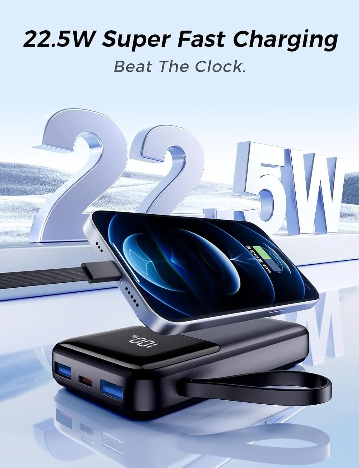 Portable Charger with Built in Cable, 15000mAh Power Bank, 22.5W Fast Charging, 6 Outputs, Slim Travel Essential Battery Pack with LED Display, Compatible with iPhone 16/15/14/13, Samsung, iPad, etc