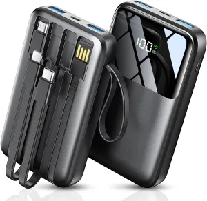 Portable Charger with Built in Cable, 15000mAh Power Bank, 22.5W Fast Charging, 6 Outputs, Slim Travel Essential Battery Pack with LED Display, Compatible with iPhone 16/15/14/13, Samsung, iPad, etc