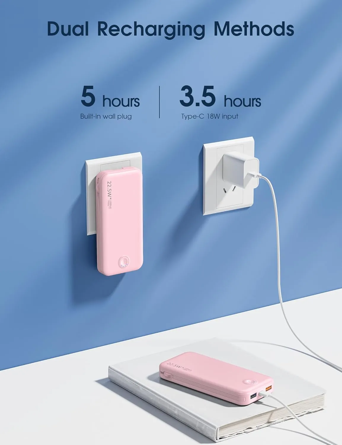 Portable Charger with Built in Cable and AC Wall Plug, USB C Power Bank 12000mAh 22.5W Super Fast Charging, Lightweight Portable Phone Charger Travel Battery Pack for iPhone, Samsung, Tablets