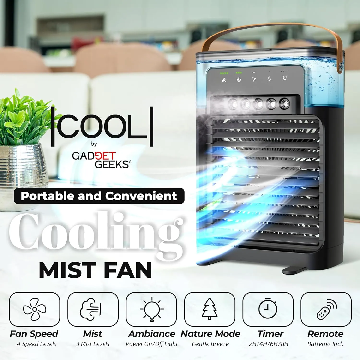 Portable Cooling Fan with Mist Function and Remote, Quiet comfort with 4 Speeds, XL 1200ml tank, Personal AC Fan with 5 Mists, 7 Night Lights, 2, 4, 6, 8H Timer, for Home, Office, Black