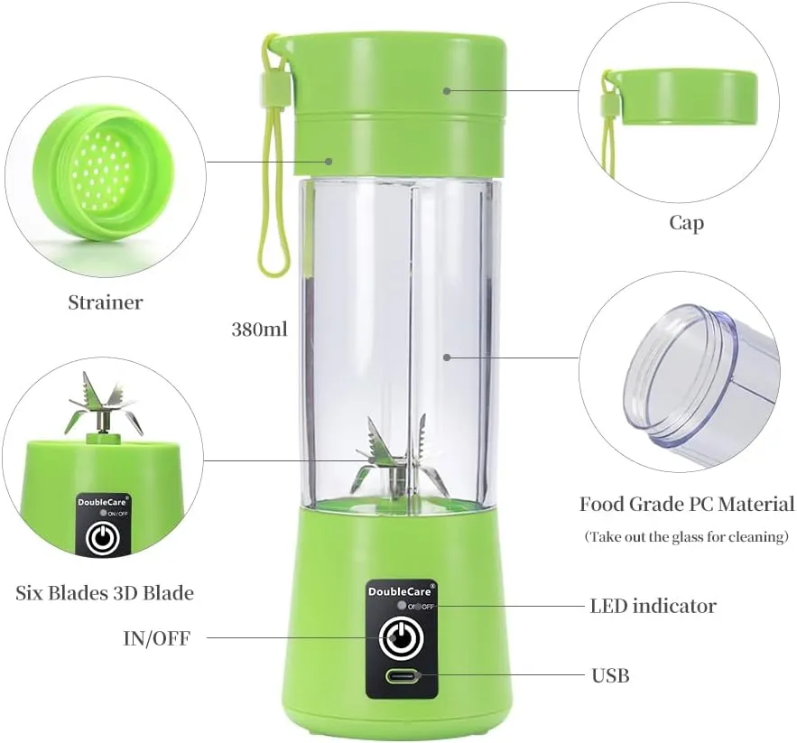 Portable Electric USB Juicer Blender Cup, Mini Blender for Shakes and Smoothies, Juice - 380ml, Six Blades, Green