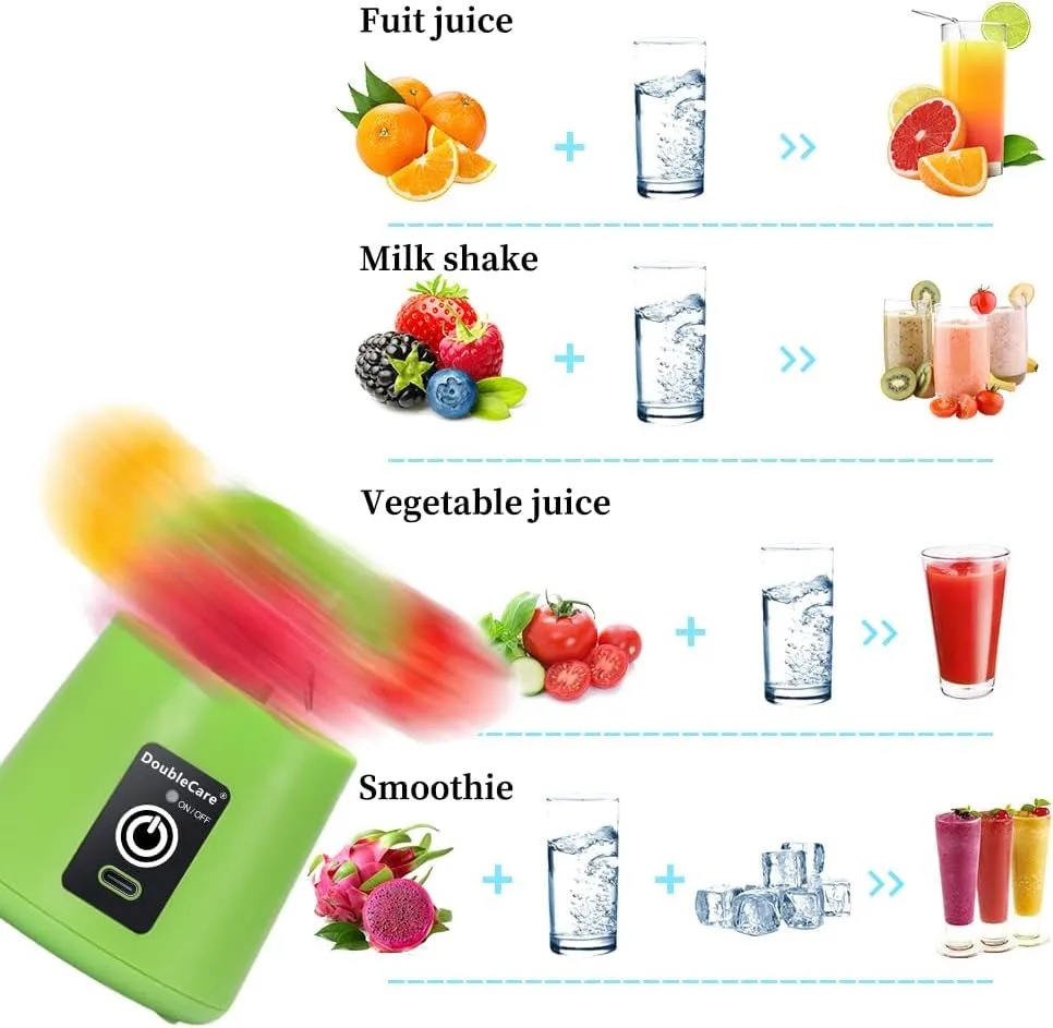 Portable Electric USB Juicer Blender Cup, Mini Blender for Shakes and Smoothies, Juice - 380ml, Six Blades, Green
