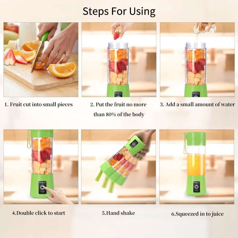 Portable Electric USB Juicer Blender Cup, Mini Blender for Shakes and Smoothies, Juice - 380ml, Six Blades, Green
