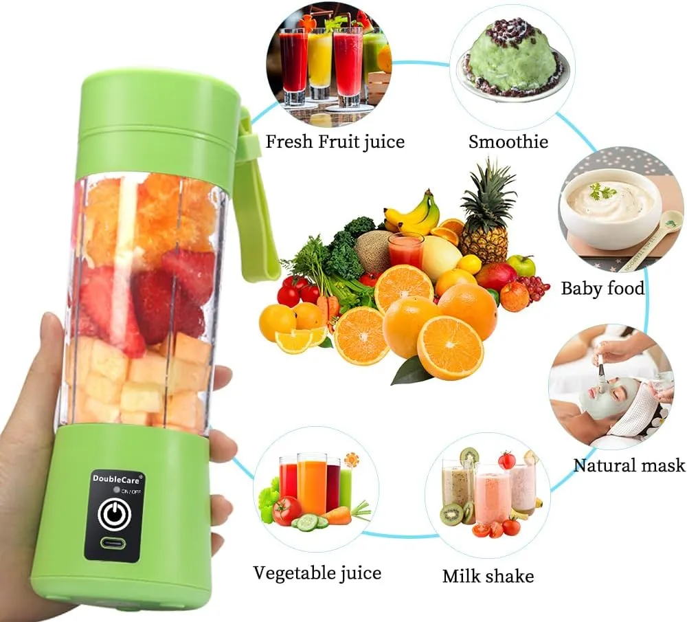 Portable Electric USB Juicer Blender Cup, Mini Blender for Shakes and Smoothies, Juice - 380ml, Six Blades, Green