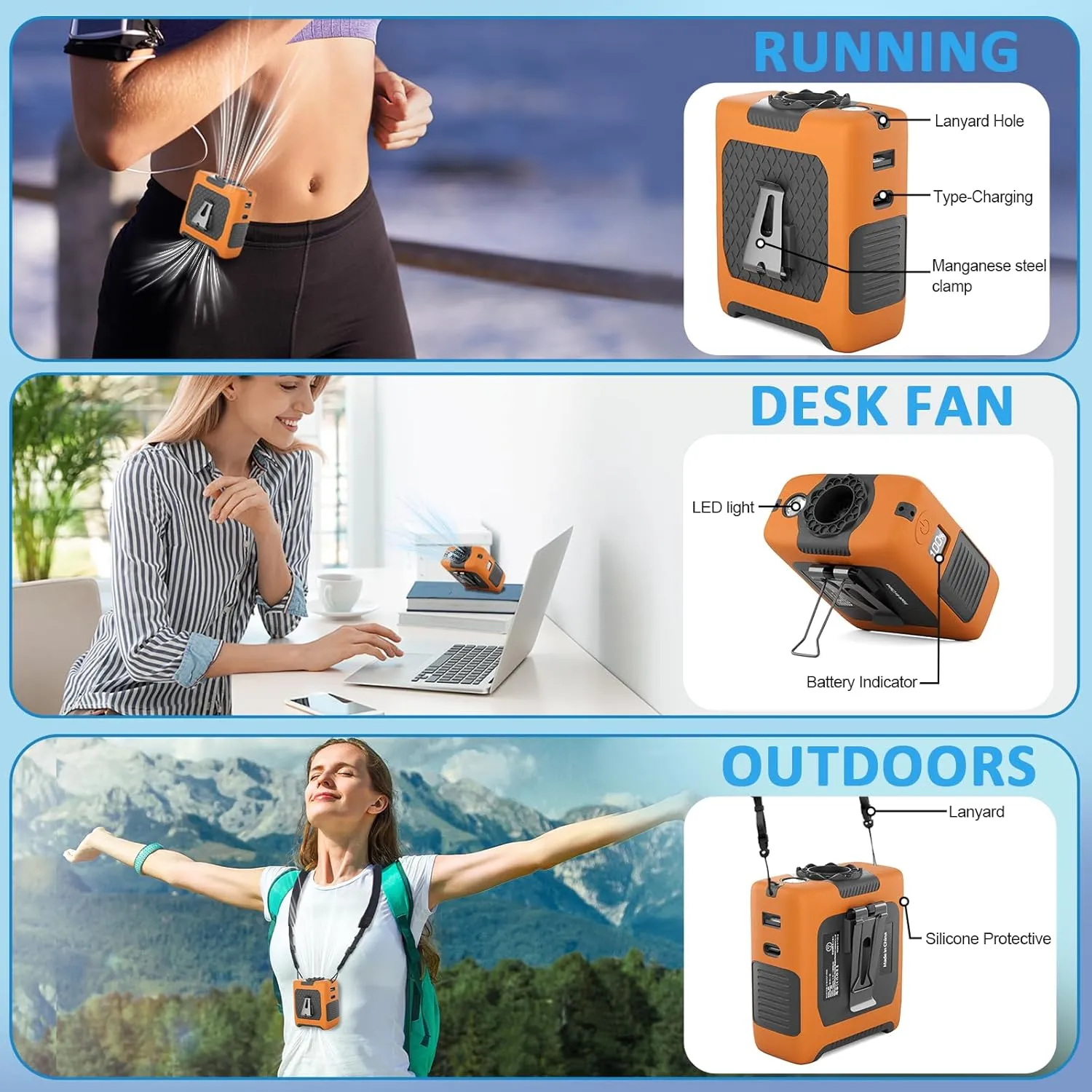 Portable Fan Wearable Personal Fan with 5 Speed Max 55 Working Hours Low Noise Portable Neck Fans Cooling Waist Fans for Camping Traveling LED Light Power Display 10000mAh Power Bank(Orange)