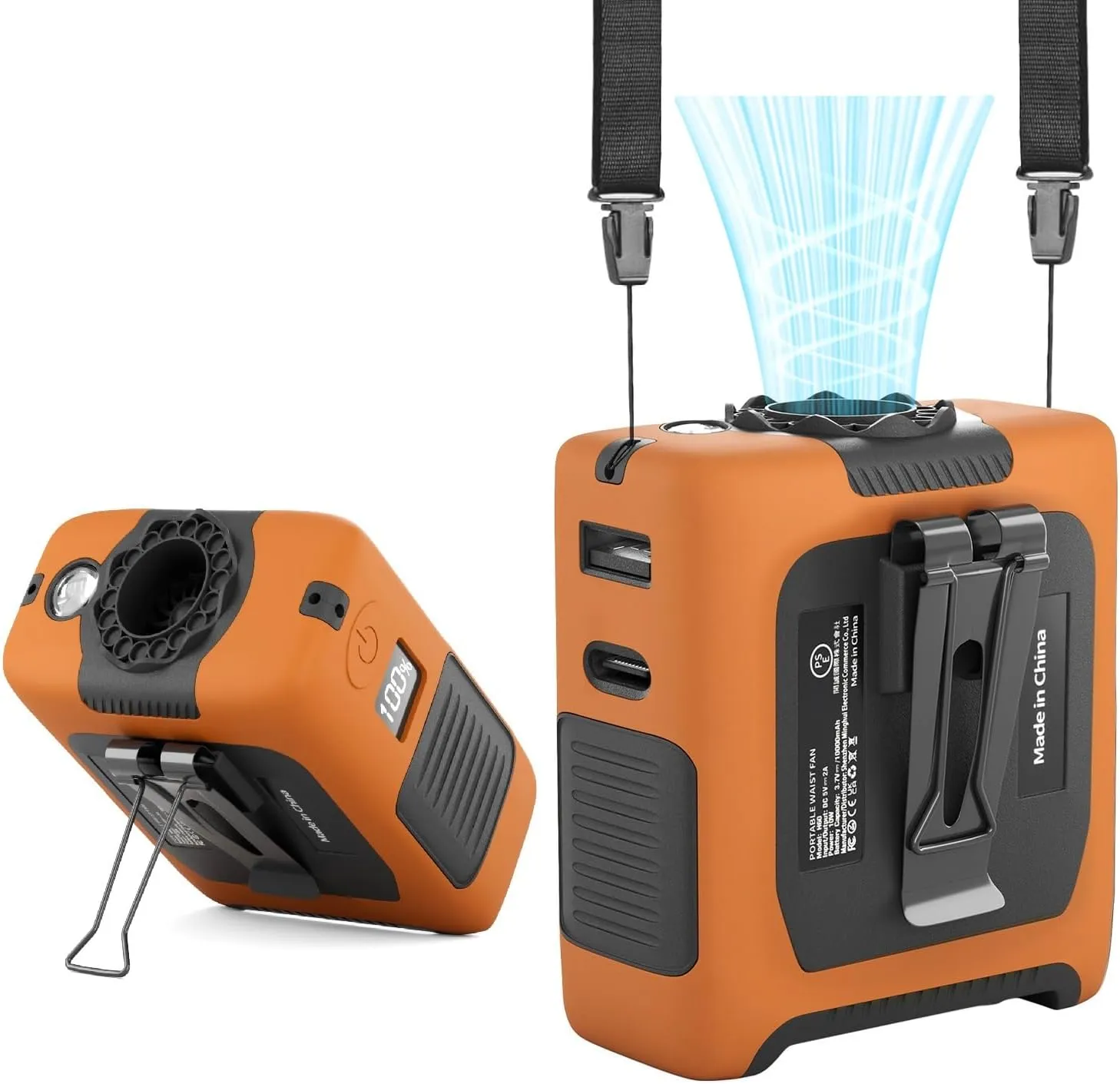 Portable Fan Wearable Personal Fan with 5 Speed Max 55 Working Hours Low Noise Portable Neck Fans Cooling Waist Fans for Camping Traveling LED Light Power Display 10000mAh Power Bank(Orange)