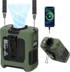 Portable Fan Wearable Personal Fan with 5 Speed Max 55 Working Hours Low Noise Turbo Fans Cooling Neck Waist Fans for Outdoor Camping and Traveling LED Power Display 10000mAh Power Bank (Dark Green)