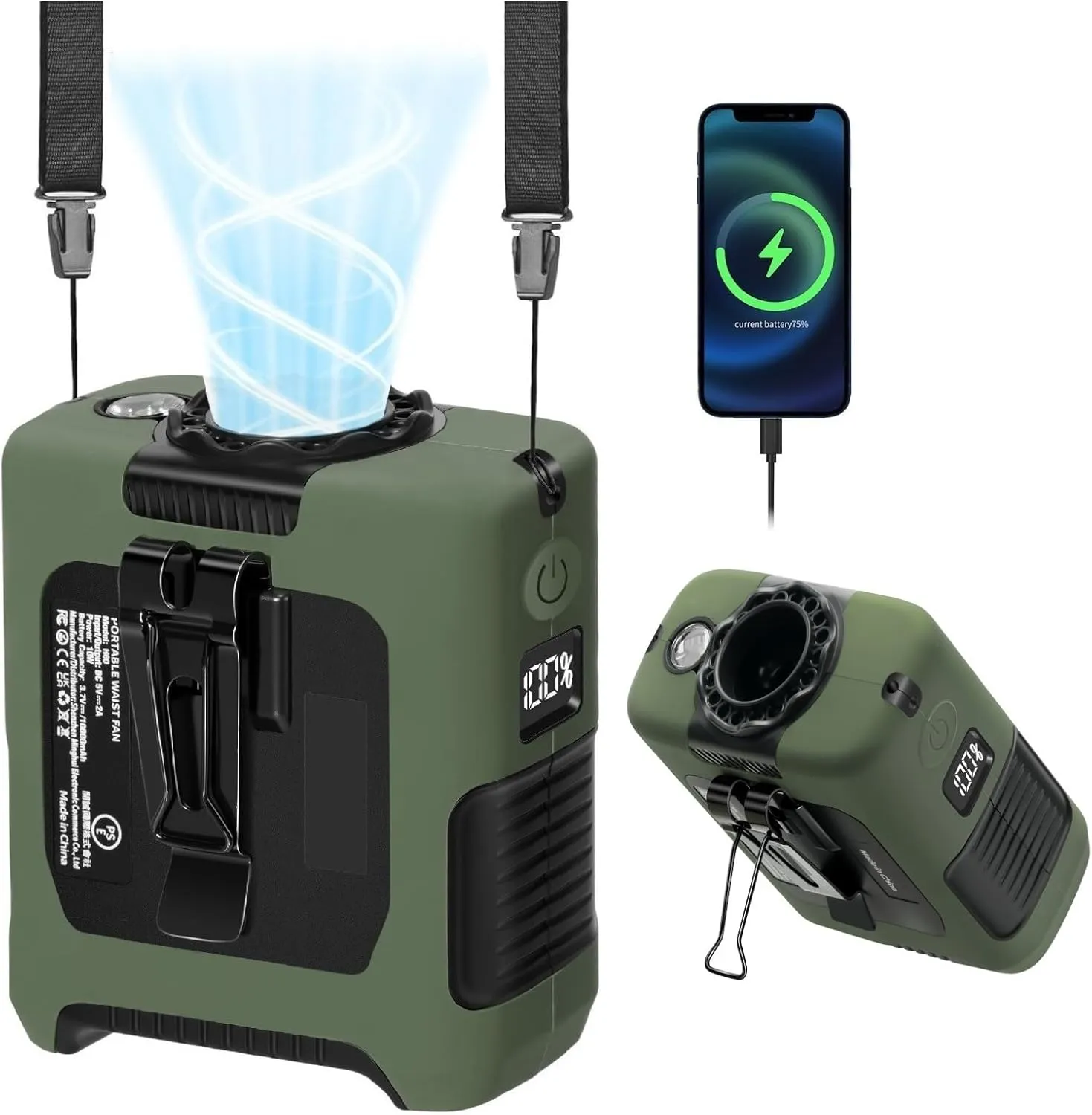 Portable Fan Wearable Personal Fan with 5 Speed Max 55 Working Hours Low Noise Turbo Fans Cooling Neck Waist Fans for Outdoor Camping and Traveling LED Power Display 10000mAh Power Bank (Dark Green)