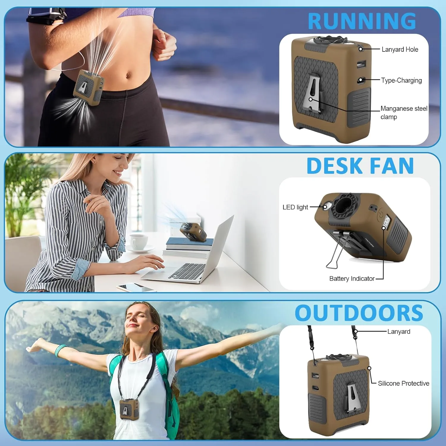 Portable Fan Wearable Personal Fan with 5 Speed Max 55 Working Hours Low Noise Turbo Fans Cooling Waist Fans for Outdoor and Camping LED Light Power Display 10000mAh Power Bank(Brown)