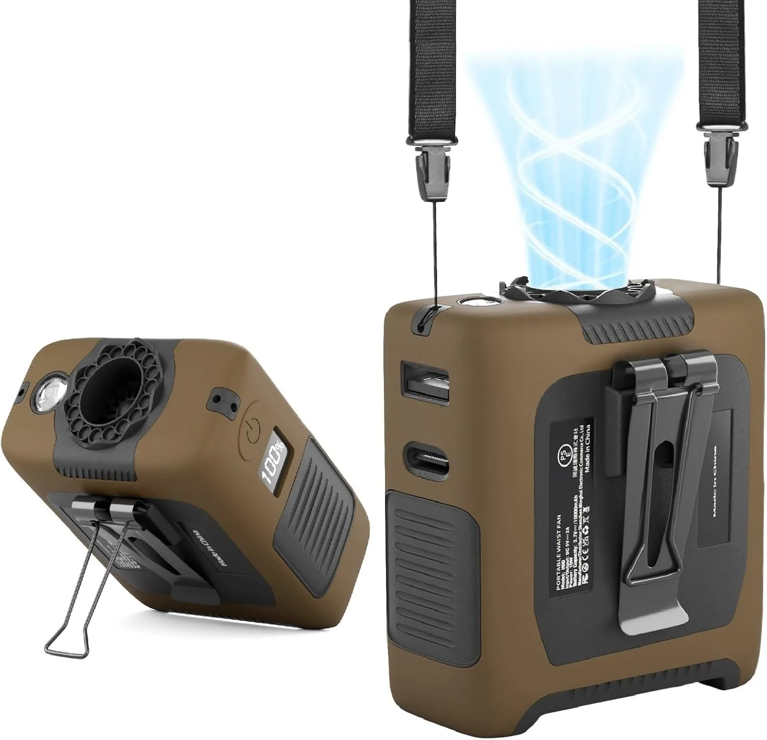 Portable Fan Wearable Personal Fan with 5 Speed Max 55 Working Hours Low Noise Turbo Fans Cooling Waist Fans for Outdoor and Camping LED Light Power Display 10000mAh Power Bank(Brown)