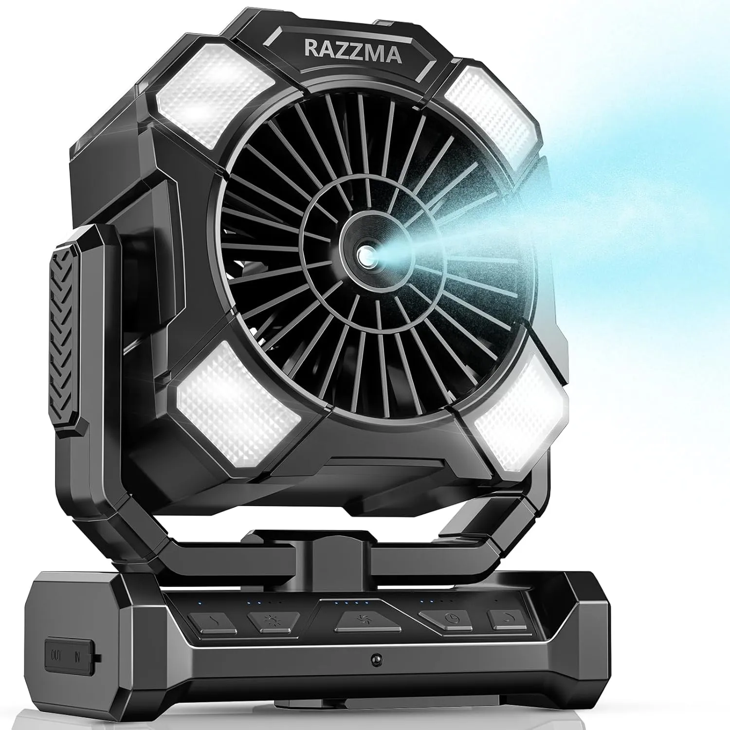 Portable Misting Fan, Camping Fans with Remote, 24000mAh Rechargeable Battery Cooling Fan for Outdoors Patios, Rechargeable Fans 270° Adjustable, Hanging & Lighting for Outdoor Indoor cooling