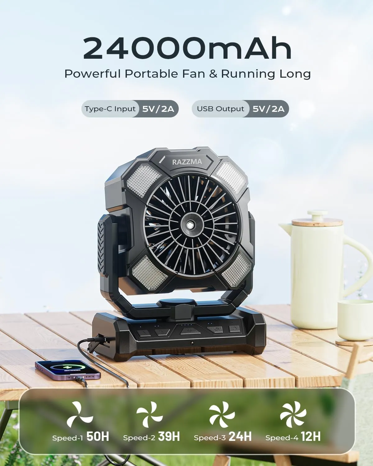 Portable Misting Fan, Camping Fans with Remote, 24000mAh Rechargeable Battery Cooling Fan for Outdoors Patios, Rechargeable Fans 270° Adjustable, Hanging & Lighting for Outdoor Indoor cooling