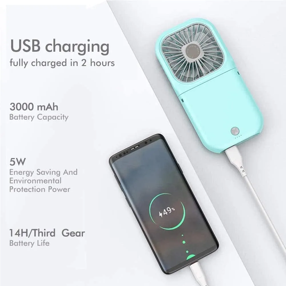 Portable Neck Fan Mini Quiet Handheld Personal Foldable USB Rechargeable Fan Operated for Home Office Outdoor Travel, 3000mAh Power Bank Hands Free Necklace Fans (Green)