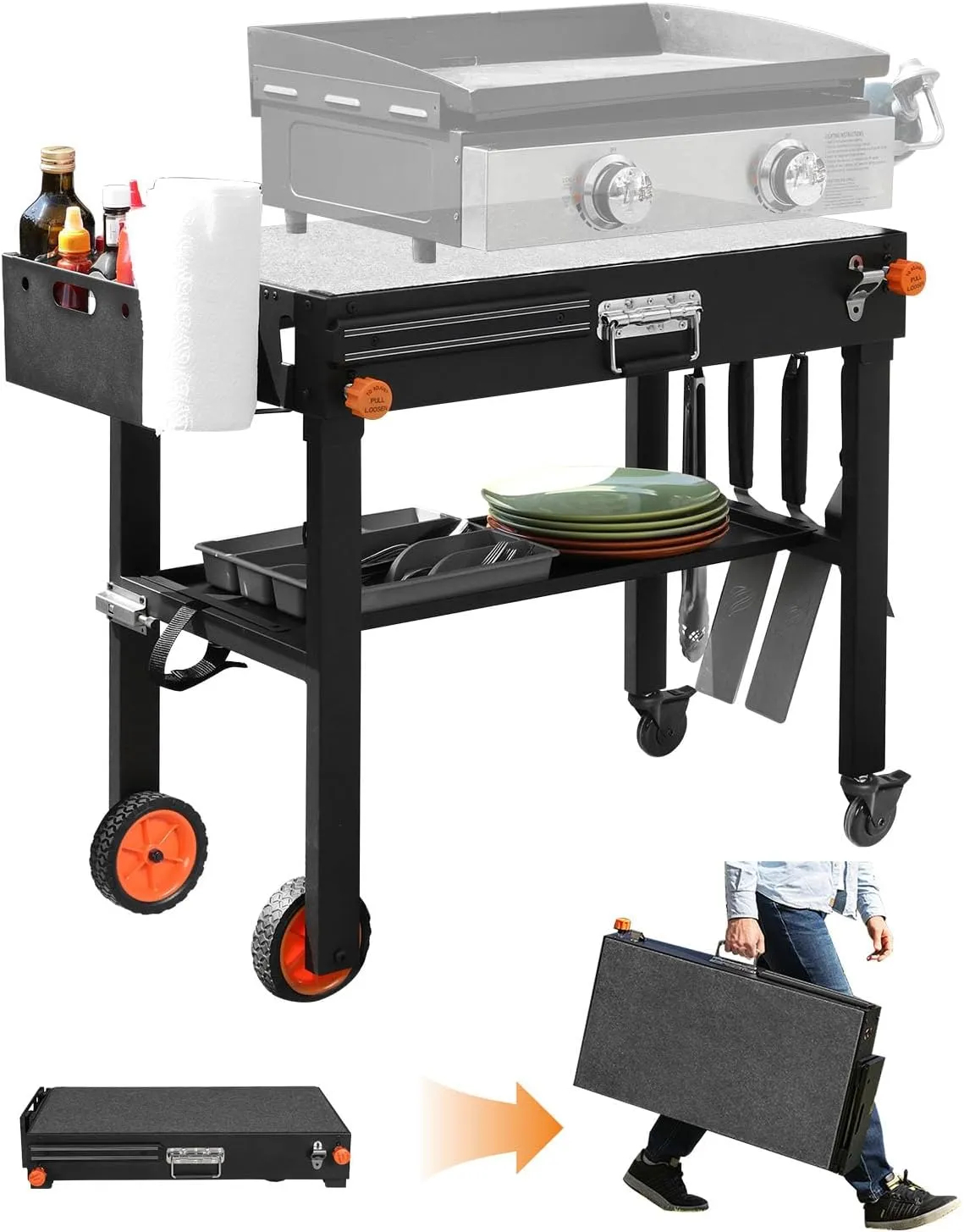 Portable Outdoor Grill Table, Stand Solid and Sturdy 31"W x 17"D, Movable Kitchen Cooking Prep BBQ Cart With Wheels, Folding Cart for Ninja Grill, Blackstone Griddle 17"/22" etc.