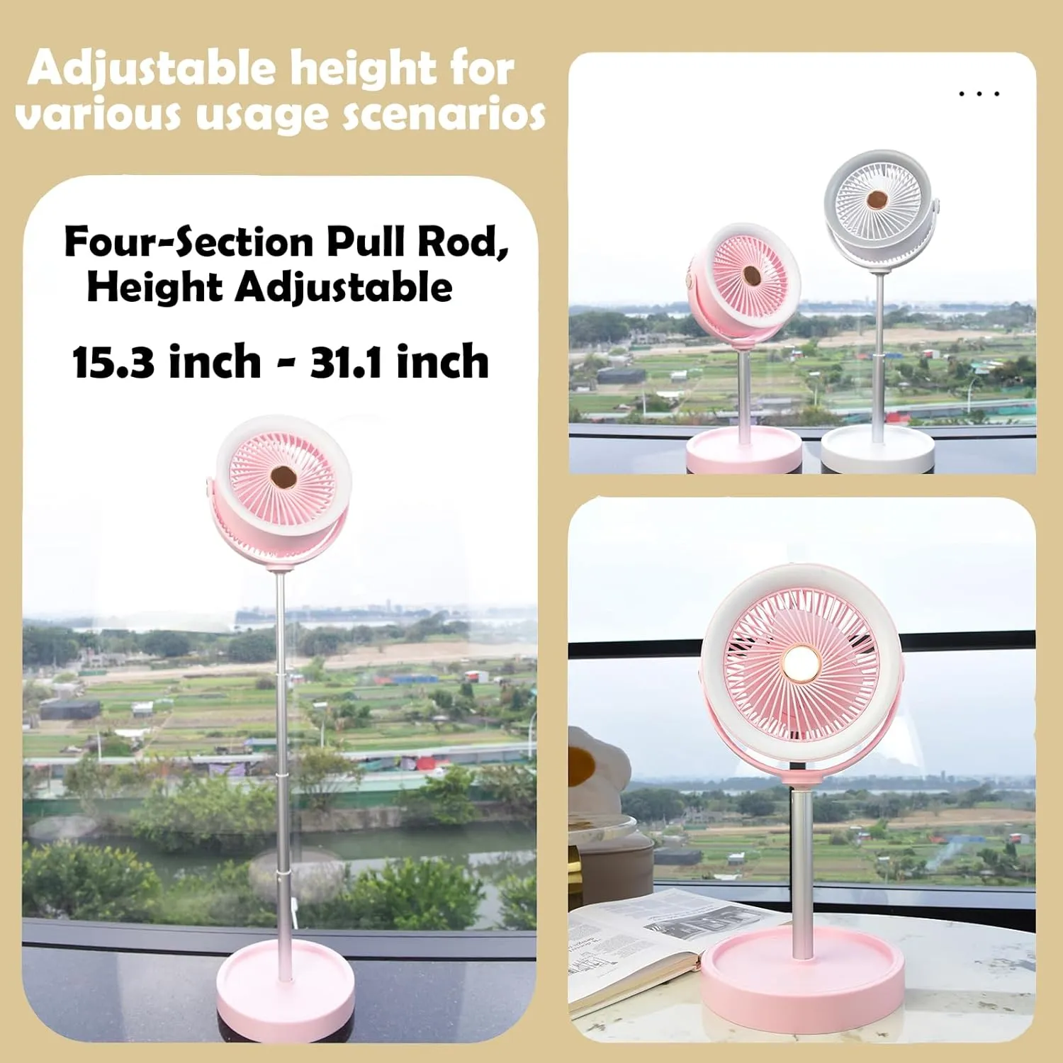 Portable Rechargeable Standing Fan 7.1" , USB Desk Fan & Portable Pedestal Fan For Travel, Small Floor Stand Up Fan For Sleeping, Height Adjustable, 3 Speed, For Home Bedroom Camping Traveling (White)
