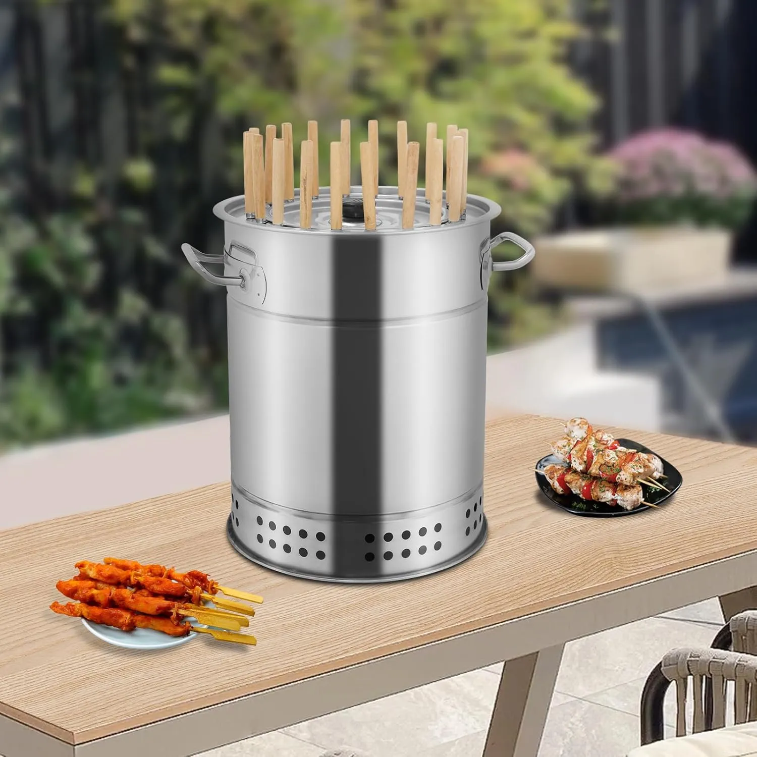 Portable Smokeless Barbecue Charcoal Barrel Grill, Stainless Steel Surround Charcoal Kebab Grill with 20 Skewers for Picnics, Camping, BBQ, 11.8 x 13.4in