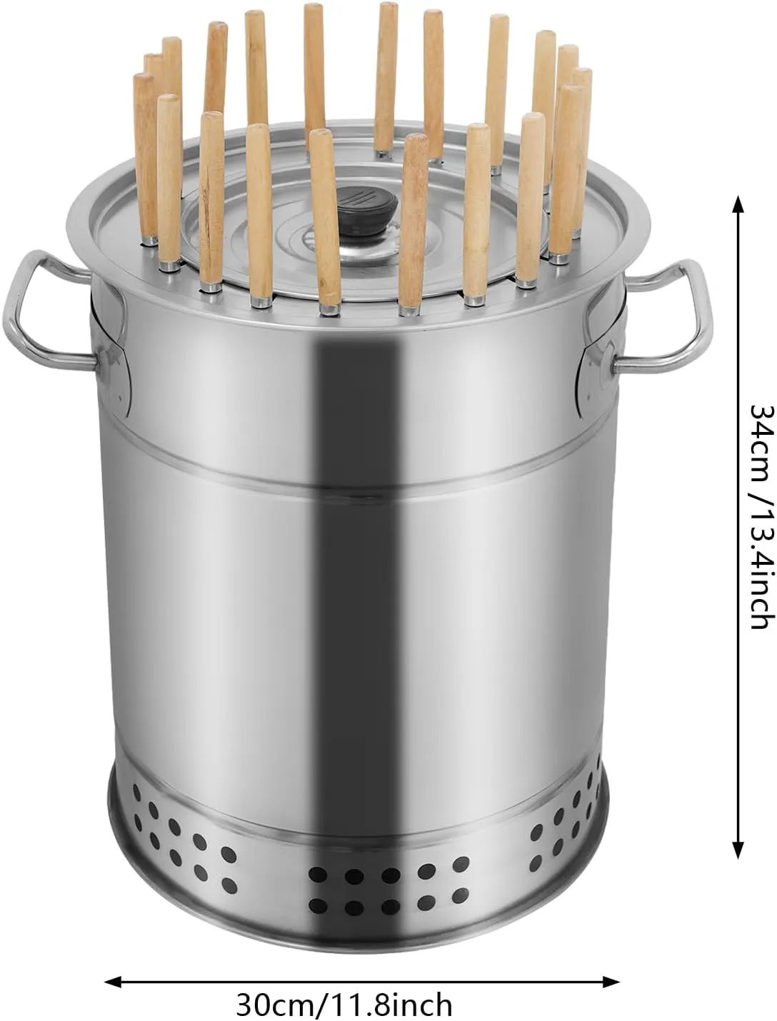 Portable Smokeless Barbecue Charcoal Barrel Grill, Stainless Steel Surround Charcoal Kebab Grill with 20 Skewers for Picnics, Camping, BBQ, 11.8 x 13.4in