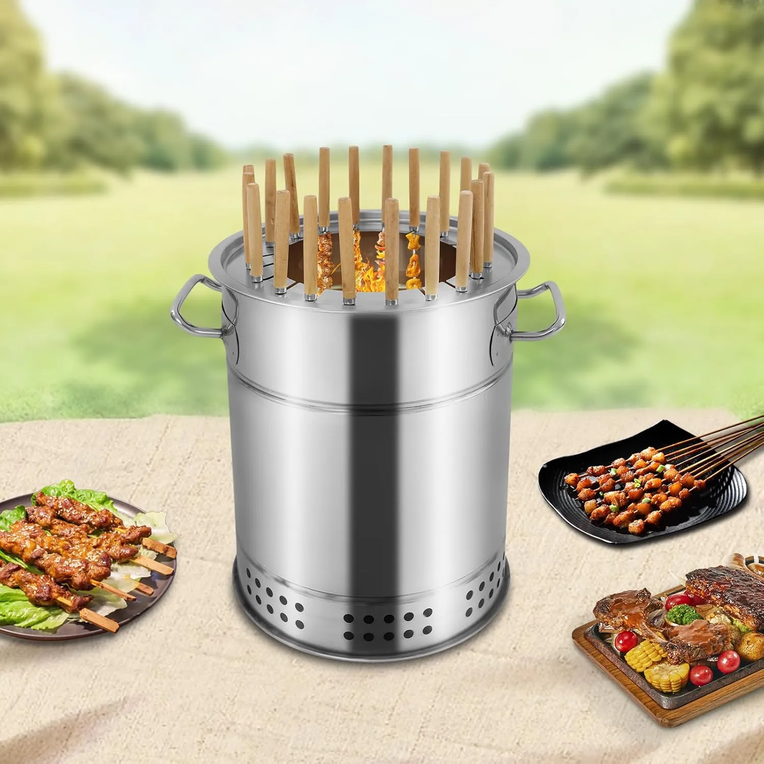 Portable Smokeless Barbecue Charcoal Barrel Grill, Stainless Steel Surround Charcoal Kebab Grill with 20 Skewers for Picnics, Camping, BBQ, 11.8 x 13.4in