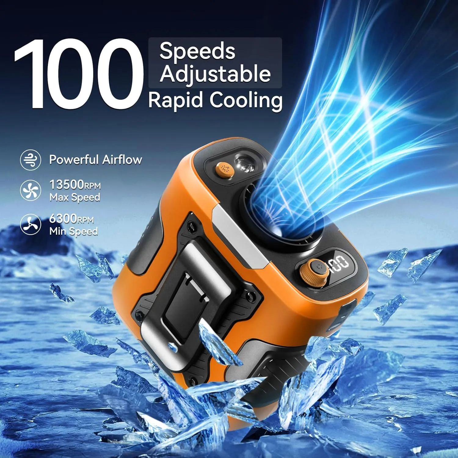 Portable Waist Fan with Light, 100 Speeds Powerful 13500RPM, Hands-Free Neck Fan with up to 24H Cooling, Rechargeable Personal Wearable Belt Body Shirt Fan for Camping Outdoor Jobsite, Orange