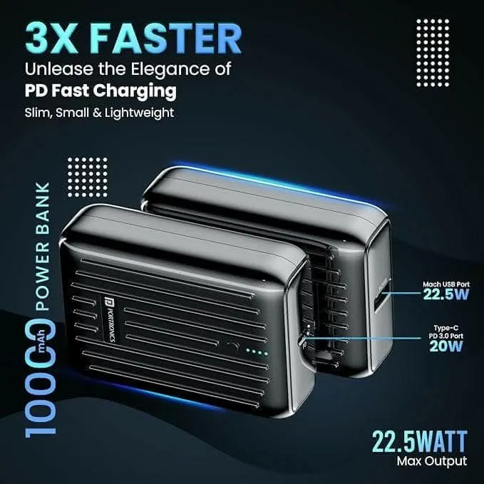 Portronics Zapcell 10K Power Bank with 22.5W High-Speed Charging and Dual Output Ports (LED Battery Indicator)