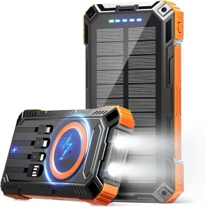 Power Bank 49800mAh Solar Charger 15W Wireless Charging USB-C 22.5W Fast Charging with 4 Built-in Cables LED Flashlight Battery Pack Compatible with iPhone, iPad, Galaxy, Perfect for Camping, Hiking