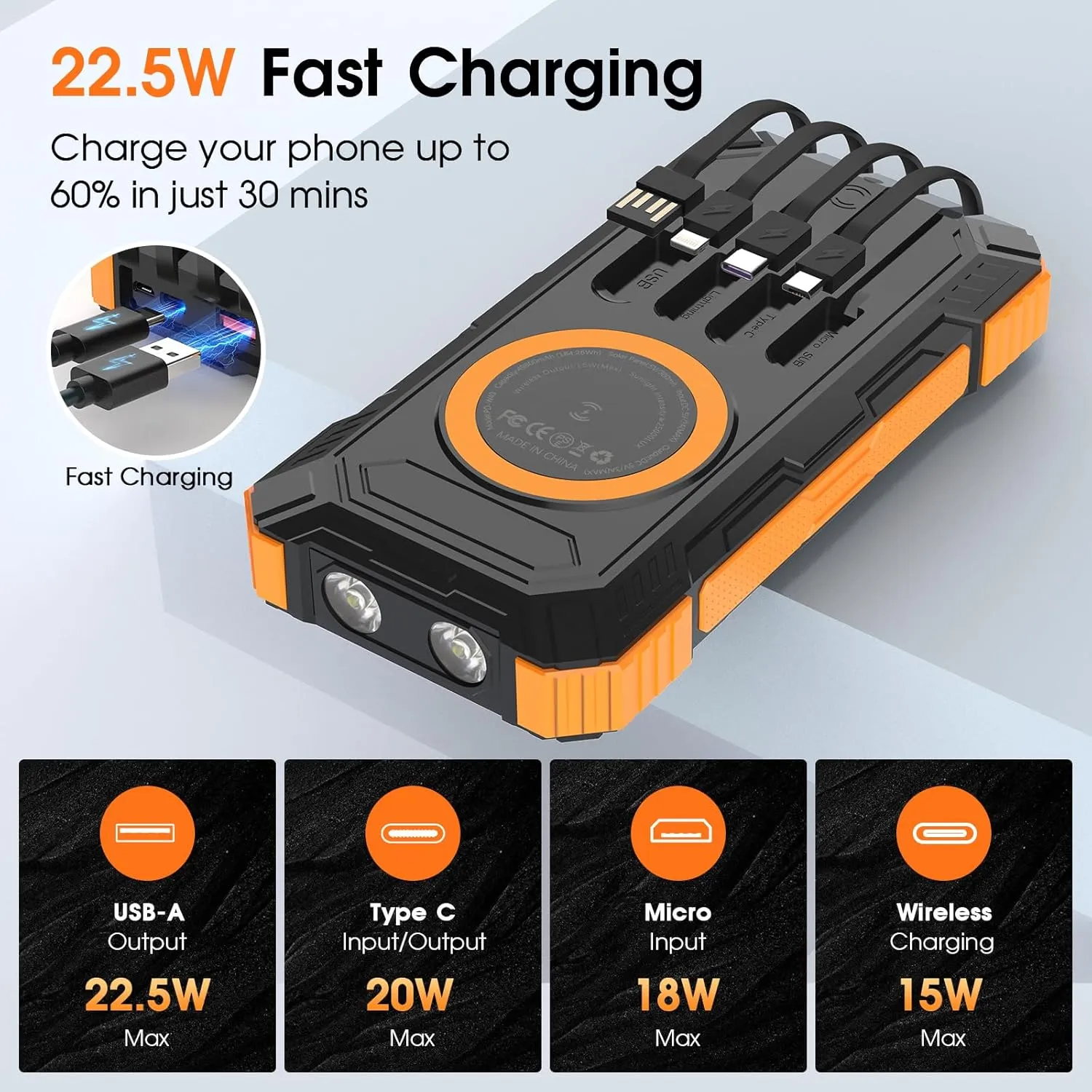 Power Bank Solar Charger,49800mAh Wireless Portable Charger with 4 Built-in Cables,22.5W Fast Charging Battery Pack USB-C in/Output PD QC3.0 Portable Power Bank for All Cell Phones