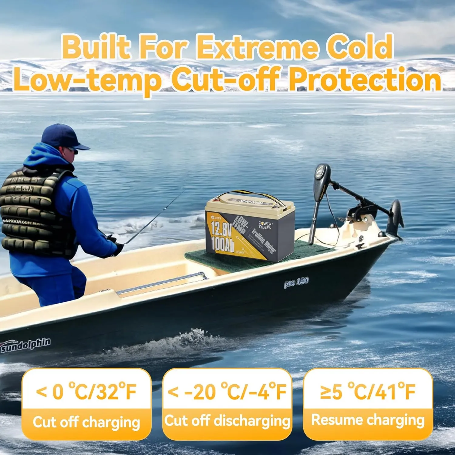Power Queen 12.8V 100Ah LiFePO4, Upgraded Low Temperature Cut-off Function, Built-in 100A BMS, Grade A Battery Cell, Up to 15000  Cycles, Perfect for Trolling Motor, Marine, RV and Off Grid