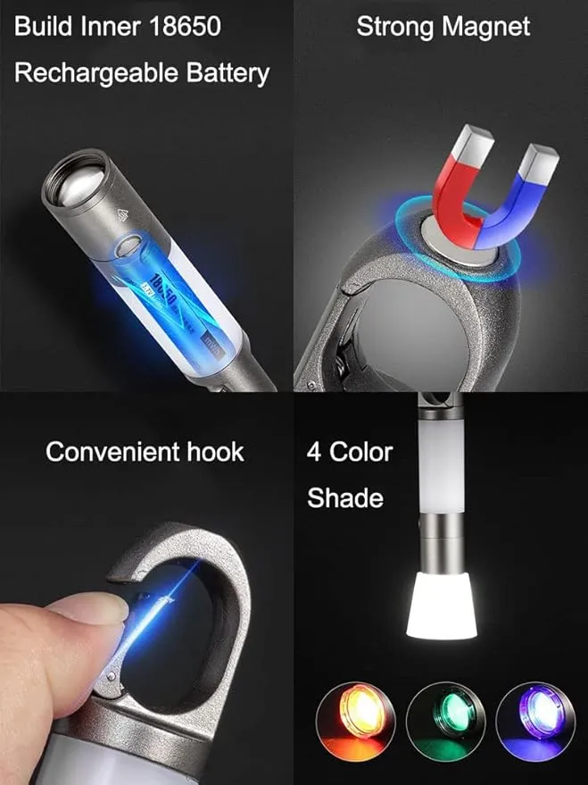 poyoelf Zoomable Led Flashlight with COB Sidelight with Magnetic Hook,Rechargeable EDC Small Lantern Flashlight,Waterproof,Tactical Portable Handheld Torch for Camping,Hiking,Emergency,Home Use(Grey)