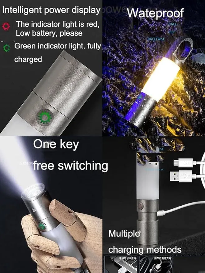 poyoelf Zoomable Led Flashlight with COB Sidelight with Magnetic Hook,Rechargeable EDC Small Lantern Flashlight,Waterproof,Tactical Portable Handheld Torch for Camping,Hiking,Emergency,Home Use(Grey)
