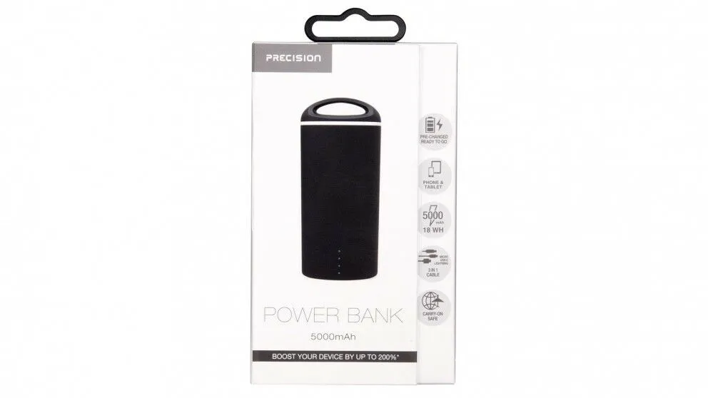 Precision 5000mAh Portable Power Bank/Fast and efficient/18Wh Power Output Black