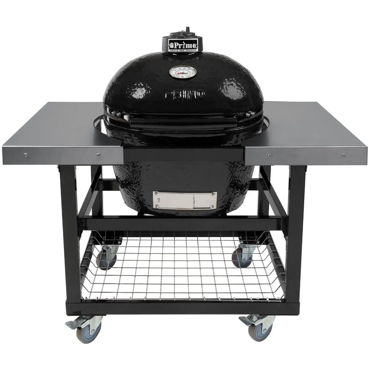 Primo Oval XL Ceramic Kamado Grill On Steel Cart With Stainless Side Tables