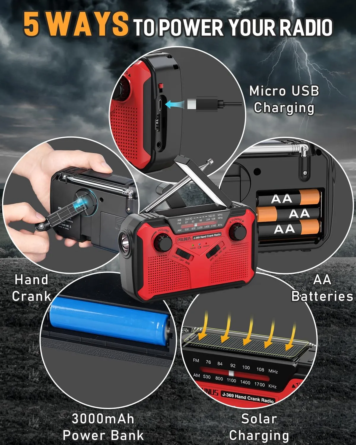 PRUNUS J-369 11100mWh Emergency Weather Radio, AA Batteries/Hand Crank/Solar/USB Charging, NOAA/AM/FM, LED Flashlight and Reading Lamp,SOS Alarm & Flashlight