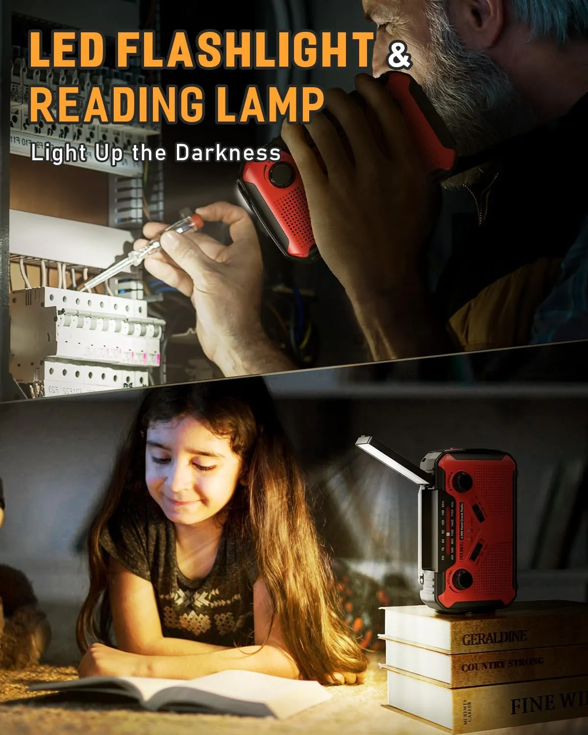 PRUNUS J-369 11100mWh Emergency Weather Radio, AA Batteries/Hand Crank/Solar/USB Charging, NOAA/AM/FM, LED Flashlight and Reading Lamp,SOS Alarm & Flashlight