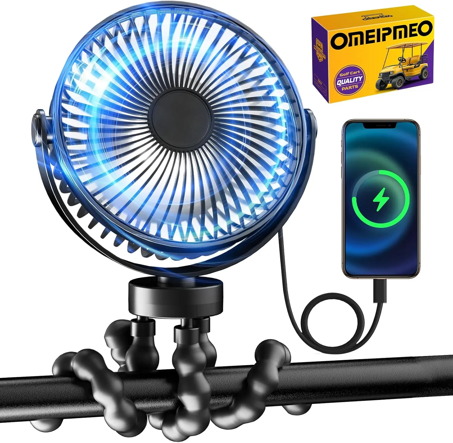 Rechargeable Golf Cart Fan, 12000mAh Stroller Fans, Adjustable 4 Speeds, LED Light, Power Bank, 360° Rotation, Portable Clip on Fans with Flexible Tripod for Club Car EZGO YAMAHA (1PCS Golf Cart Fan)