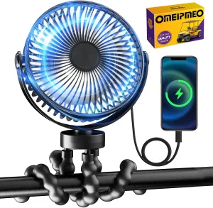Rechargeable Golf Cart Fan, 12000mAh Stroller Fans, Adjustable 4 Speeds, LED Light, Power Bank, 360° Rotation, Portable Clip on Fans with Flexible Tripod for Club Car EZGO YAMAHA (1PCS Golf Cart Fan)