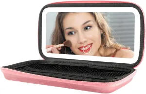 Rechargeable LED Travel Mirror with 3 Color Lights – Portable Makeup Mirror for Trips, Parties & Shopping, Comes with Cosmetic Pouch & USB Charging (Rose Gold)