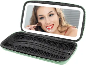 Rechargeable LED Travel Mirror with 3 Color Lights – Portable Makeup Mirror for Trips, Parties & Shopping, Comes with Cosmetic Pouch & USB Charging(Mint Green)