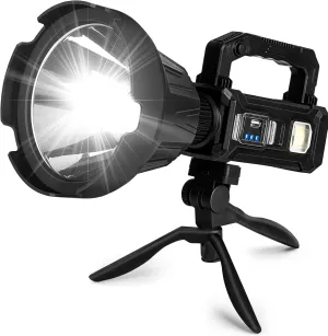 Rechargeable Spotlight, Handheld Super Bright Flashlight 3000 High Lumens with Foldable Tripod,6 Modes and 4 Colors, Waterproof IPX6 Searchlight for Camping Fishing Hunting, USB Output