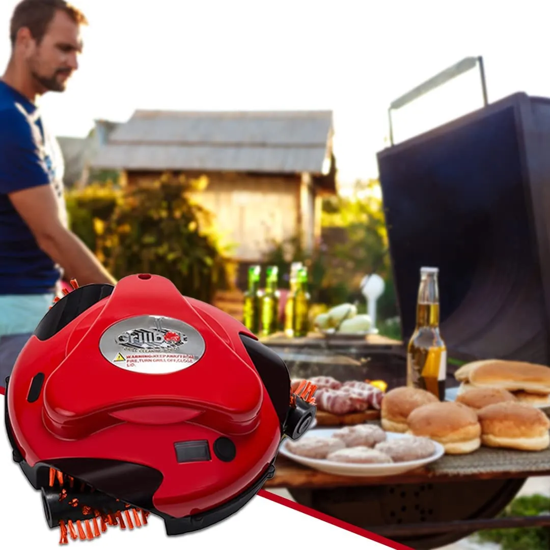 Red Automatic Grill Brush, Kitchen Gadgets for BBQ Grill, Durable Robot Cleaner for Grills with Nylon Brushes, Compact BBQ Accessories for Home & Outdoor Cooking, Hands-Free Cleaning Gadgets