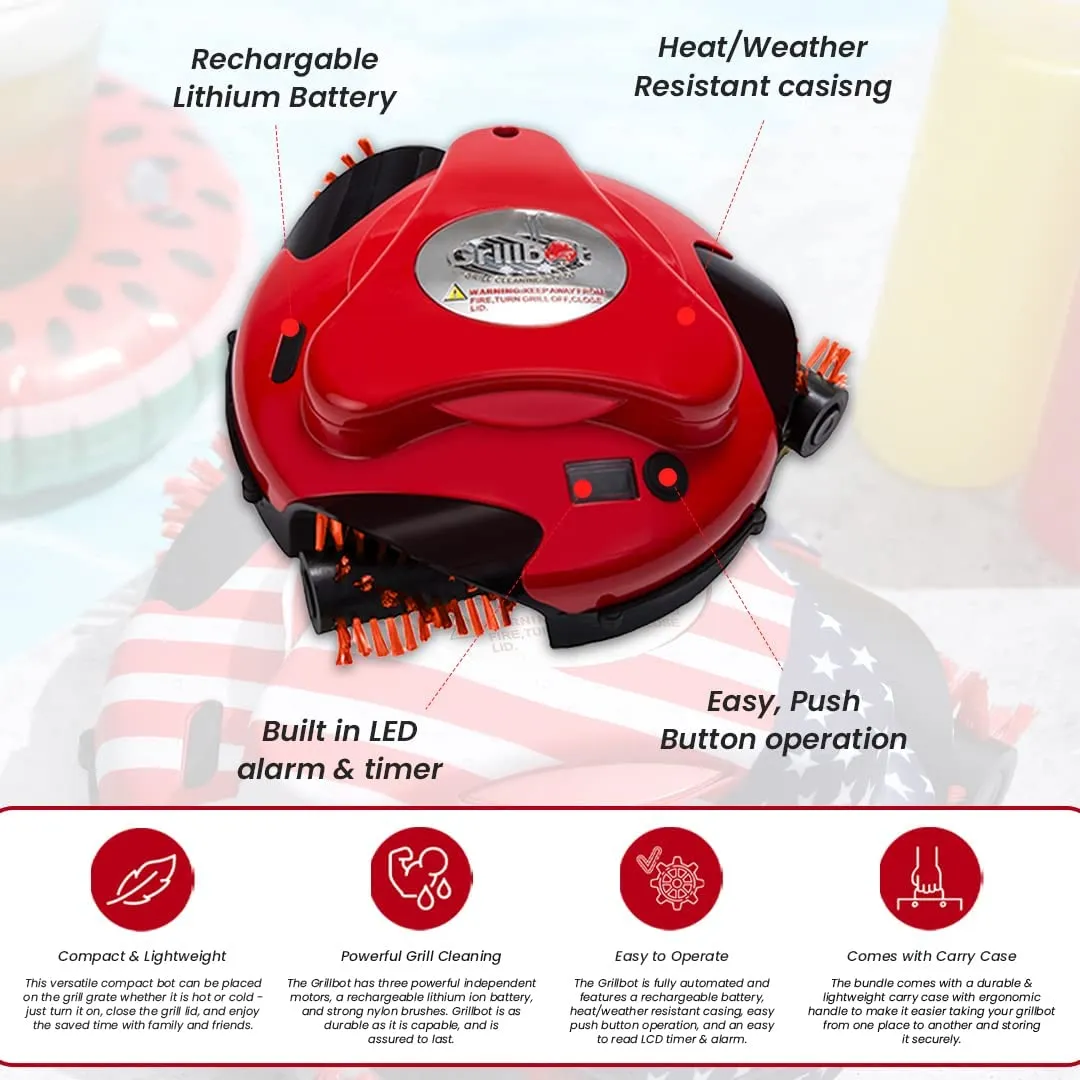 Red Automatic Grill Brush, Kitchen Gadgets for BBQ Grill, Durable Robot Cleaner for Grills with Nylon Brushes, Compact BBQ Accessories for Home & Outdoor Cooking, Hands-Free Cleaning Gadgets
