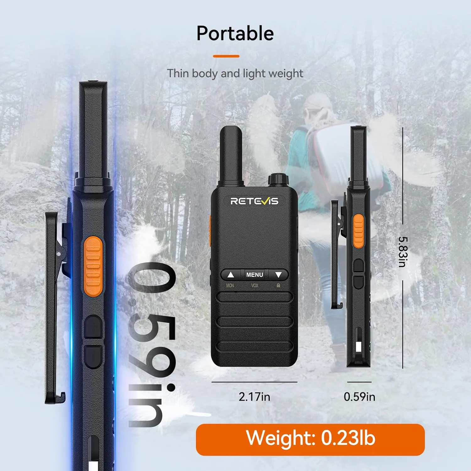 Retevis B3B Walkie Talkies Rechargeable, Mini Walkie Talkies,1620mAh,USB-C,Emergency Alarm, Slim,Small,Compact Two Way Radios for Camping Hiking(2 Pack)