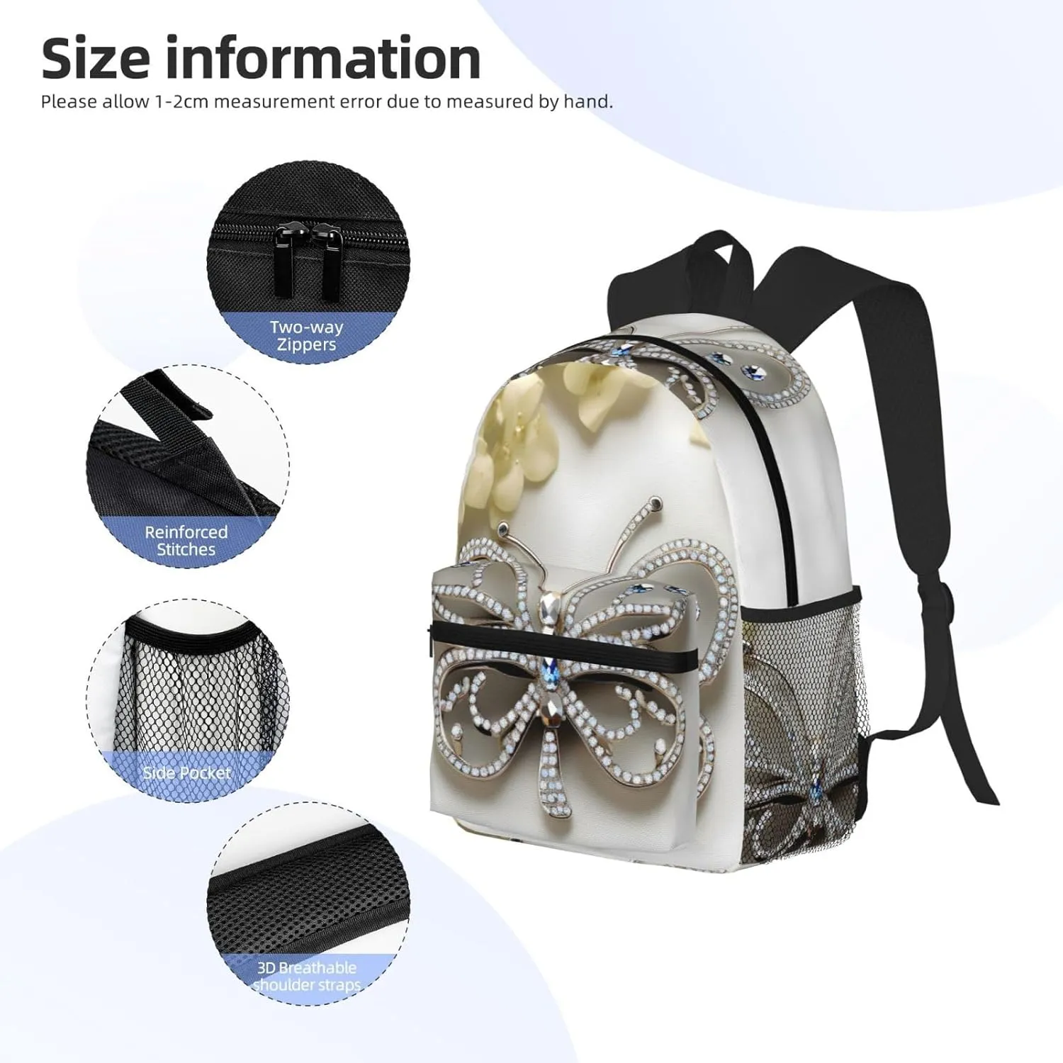Rhinestone Butterfly And Flower Print Backpack For Women Men, Laptop Bookbag,Lightweight Casual Travel Daypack