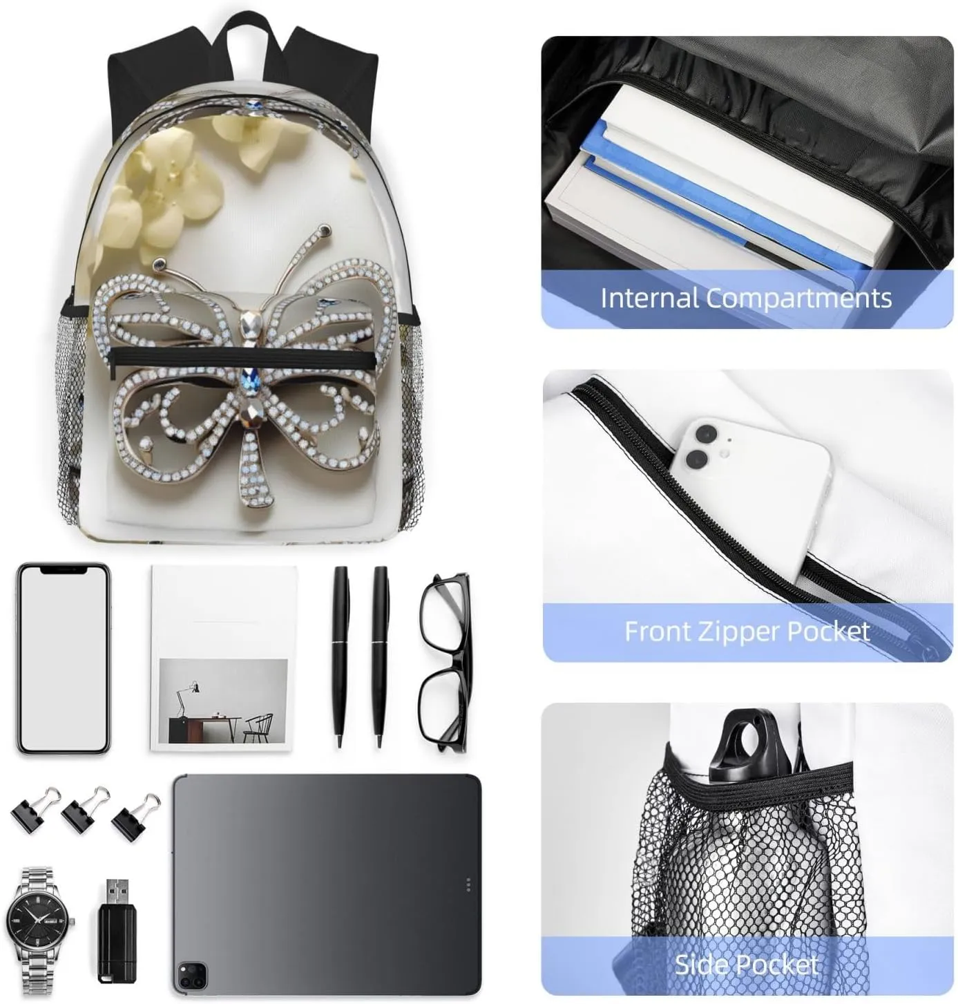 Rhinestone Butterfly And Flower Print Backpack For Women Men, Laptop Bookbag,Lightweight Casual Travel Daypack